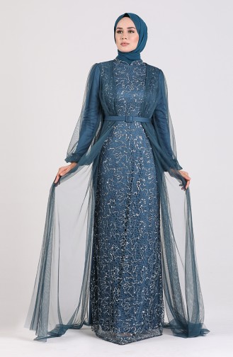 Petrol Hijab Evening Dress 5383-02