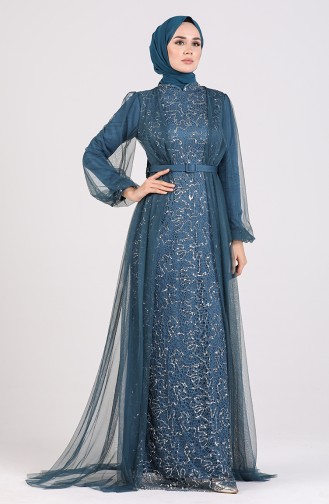 Petrol Hijab Evening Dress 5383-02