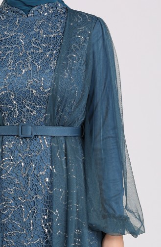 Petrol Hijab Evening Dress 5383-02