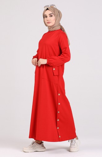 İki İplik Düğme Detaylı Elbise 8113-06 Kırmızı