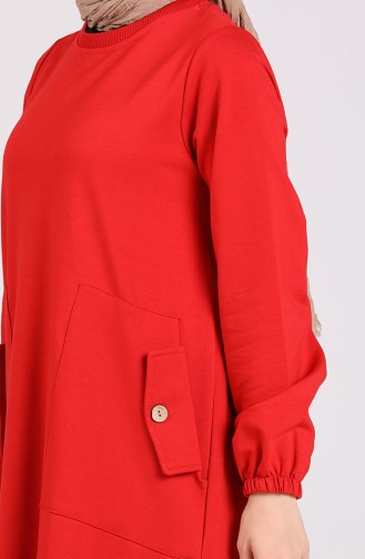 İki İplik Düğme Detaylı Elbise 8113-06 Kırmızı