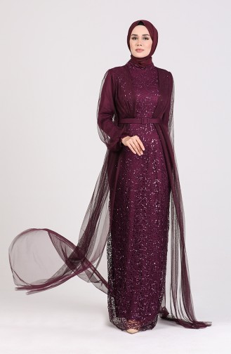 Sequined Belt Evening Dress 5383-04 Purple 5383-04