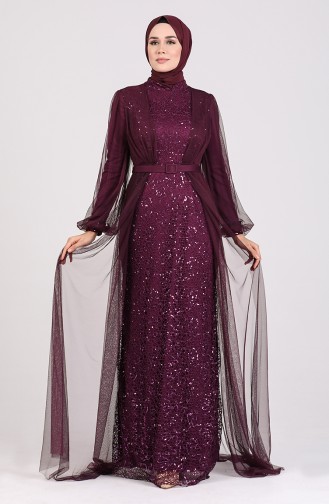 Sequined Belt Evening Dress 5383-04 Purple 5383-04