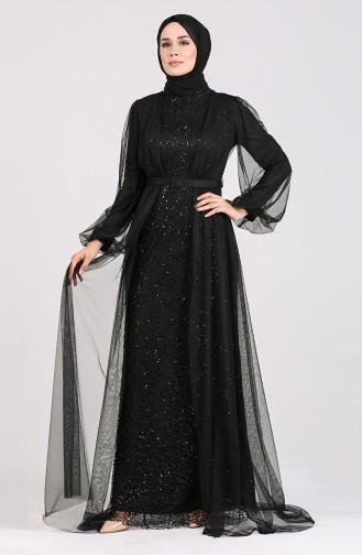 Sequined Belt Evening Dress 5383-01 Black 5383-01