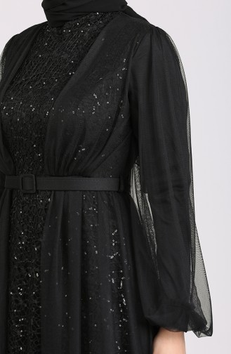 Sequined Belt Evening Dress 5383-01 Black 5383-01