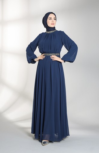 Belted Chiffon Evening Dress 5339-02 Navy Blue 5339-02