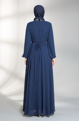 Belted Chiffon Evening Dress 5339-02 Navy Blue 5339-02