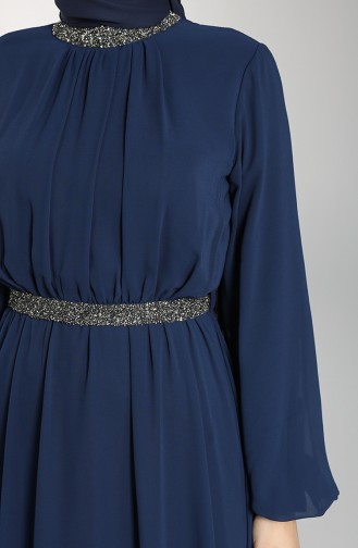 Belted Chiffon Evening Dress 5339-02 Navy Blue 5339-02