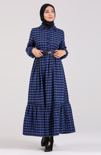 Belted Plaid Dress 4328-02 Navy Blue 4328-02