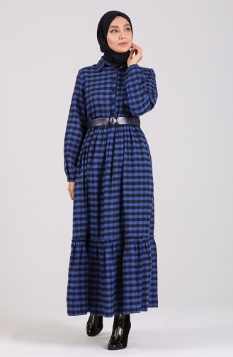 Belted Plaid Dress 4328-02 Navy Blue 4328-02