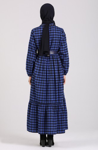 Belted Plaid Dress 4328-02 Navy Blue 4328-02