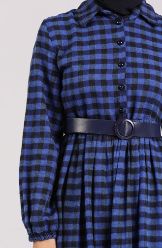 Belted Plaid Dress 4328-02 Navy Blue 4328-02