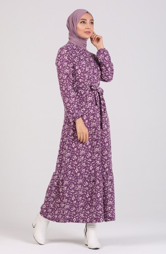 Patterned Belted Dress 1015-02 Purple 1015-02