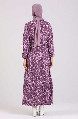 Patterned Belted Dress 1015-02 Purple 1015-02
