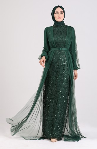 Sequined Belt Evening Dress 5383-05 Emerald Green 5383-05