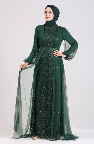 Sequined Belt Evening Dress 5383-05 Emerald Green 5383-05