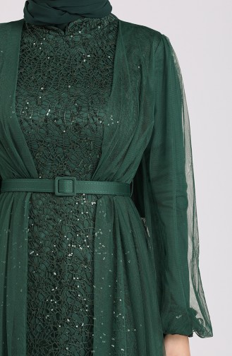 Sequined Belt Evening Dress 5383-05 Emerald Green 5383-05