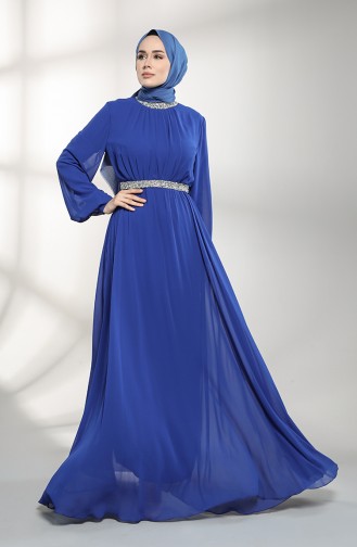 Belted Chiffon Evening Dress 5339-08 Saxe Blue 5339-08