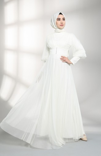 Ecru Hijab Evening Dress 5387-05
