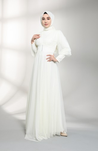 Ecru Hijab Evening Dress 5387-05
