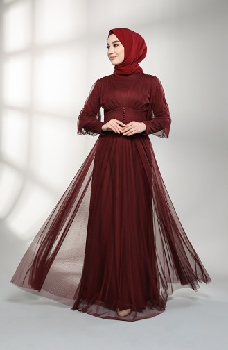 Button Detailed Tulle Evening Dress 5387-06 Burgundy 5387-06