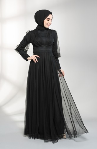 Button Detailed Tulle Evening Dress 5387-10 Black 5387-10