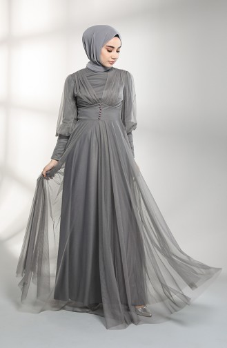Button Detailed Tulle Evening Dress 5387-11 Gray 5387-11