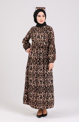 Leopar Desenli Elbise 8110-01 Siyah Kahverengi