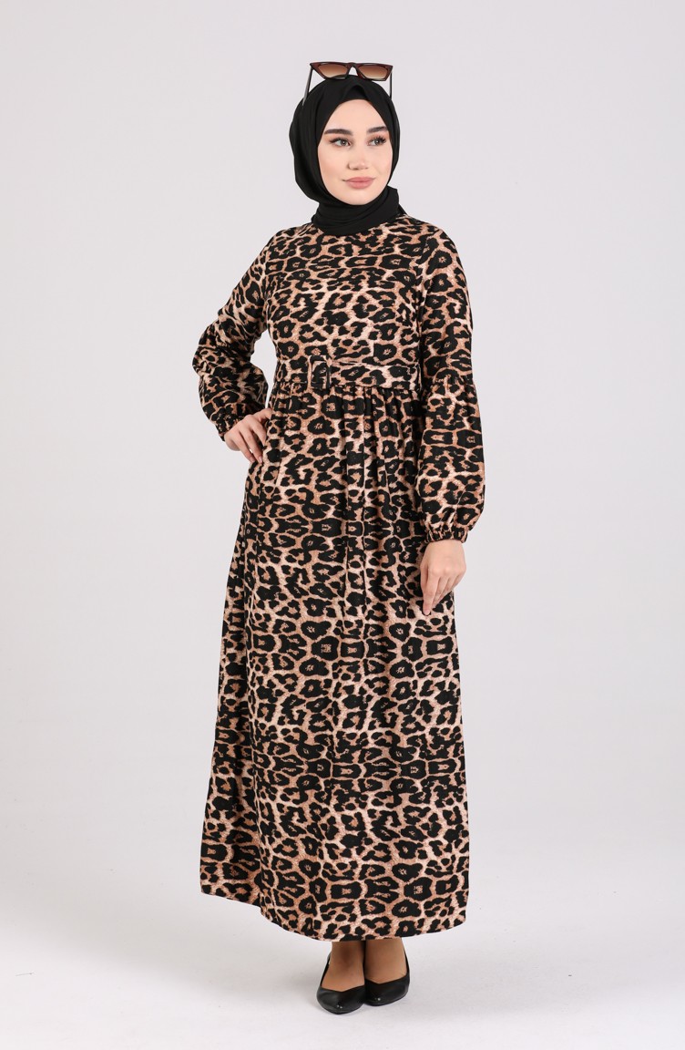 Leopar Desenli Elbise 8110-01 Siyah Kahverengi
