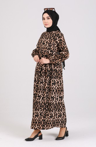Leopar Desenli Elbise 8110-01 Siyah Kahverengi