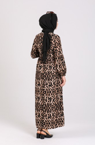 Leopar Desenli Elbise 8110-01 Siyah Kahverengi