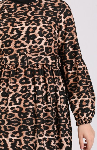 Leopar Desenli Elbise 8110-01 Siyah Kahverengi