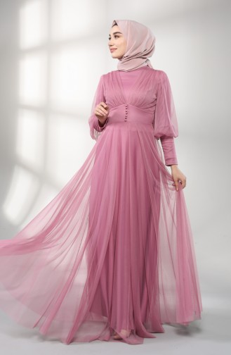 Button Detailed Tulle Evening Dress 5387-03 Dried Rose 5387-03
