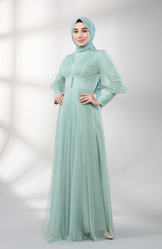 Button Detailed Tulle Evening Dress 5387-04 Green 5387-04