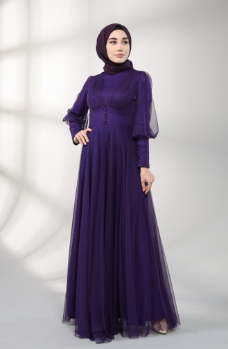 Button Detailed Tulle Evening Dress 5387-08 Purple 5387-08