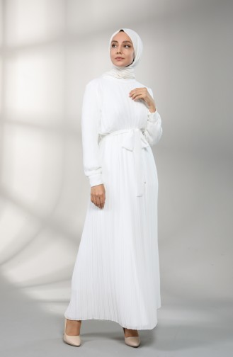 Piliseli Kuşaklı Elbise 4831-01 Beyaz