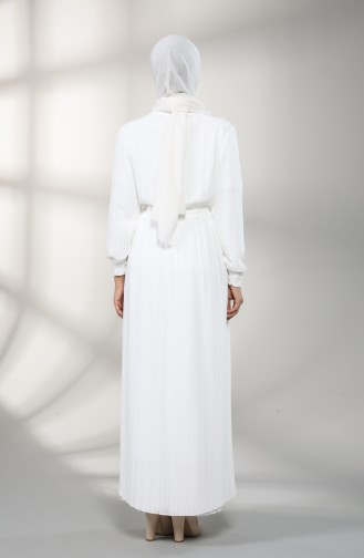Piliseli Kuşaklı Elbise 4831-01 Beyaz