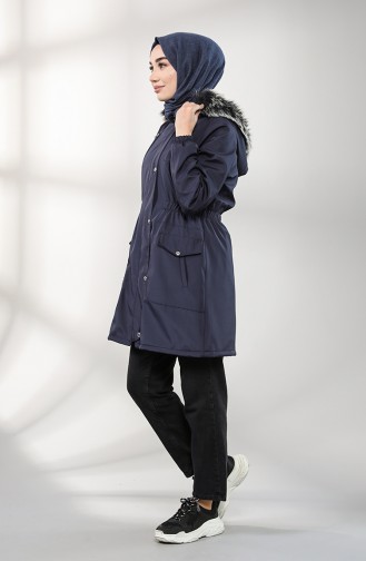 Shirred waist Fur Coat 9057-04 Navy Blue 9057-04