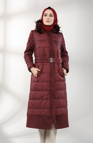 Fur Belted quilted Coat 4055-01 Damson 4055-01