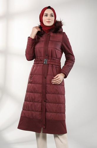 Fur Belted quilted Coat 4055-01 Damson 4055-01