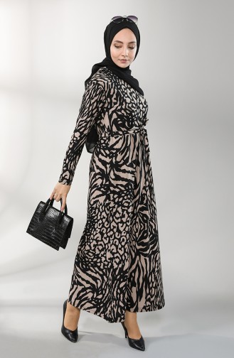Desenli Kuşaklı Elbise 1019-01 Siyah Bej