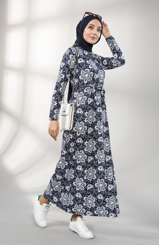 Patterned Belted Dress 1020-01 Navy Blue 1020-01