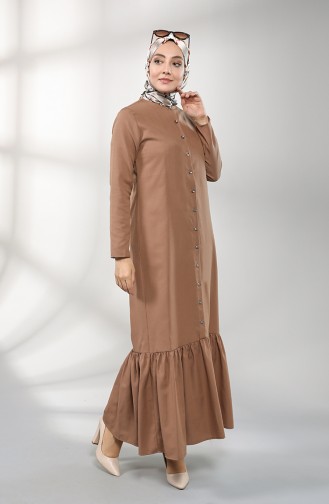 Eteği Büzgülü Düğmeli Elbise 3201-01 Camel