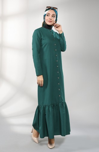 Eteği Büzgülü Düğmeli Elbise 3201-04 Zümrüt Yeşili