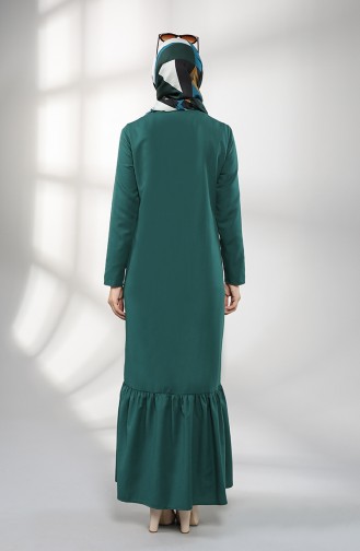 Eteği Büzgülü Düğmeli Elbise 3201-04 Zümrüt Yeşili