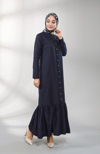 Buttoned Dress with Pleated Skirt 3201-06 Navy Blue 3201-06