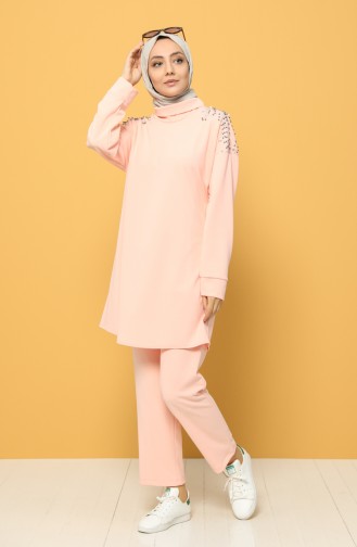 Stone Printed Tunic Trousers Double Suit 0930-02 Pink 0930-02