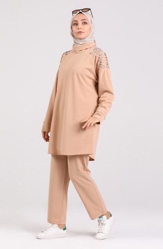 Stone Printed Tunic Trousers Double Suit 0930-03 Beige 0930-03