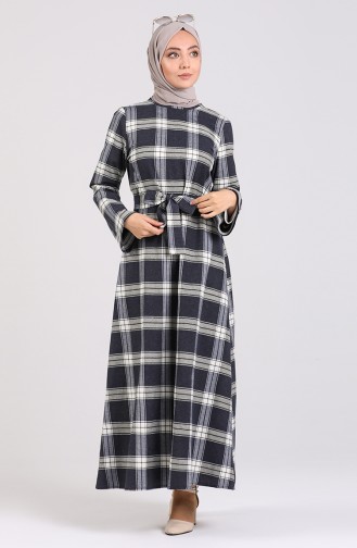 Plaid Dress with Belt 1430-01 Navy Blue 1430-01