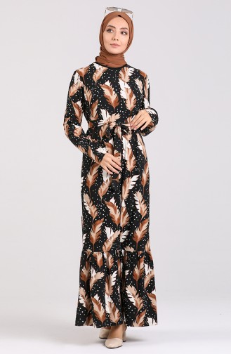 Desenli Kuşaklı Elbise 0061-02 Siyah Kahverengi